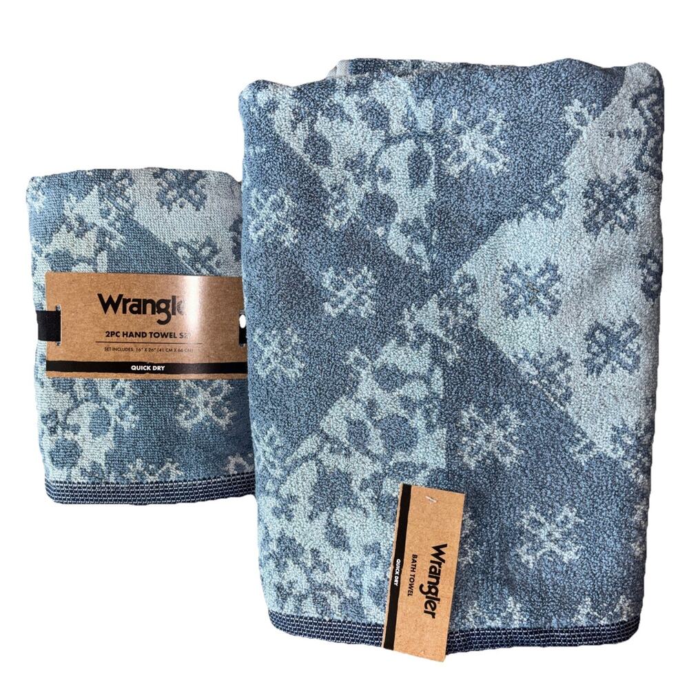 Wrangler Rodeo Patchwork Blue Western Floral Stars 2 Bath & 2 Hand Towel Set New